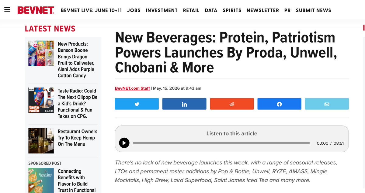 BevNet Highlights BeePop in Roundup: “New Beverages: Protein, Patriotism Powers Launches By Proda, Unwell, Chobani & More”