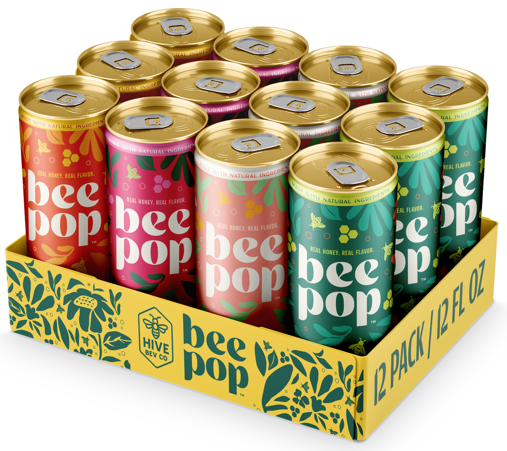 12-pack of bee pop cans in various flavors with a colorful box.