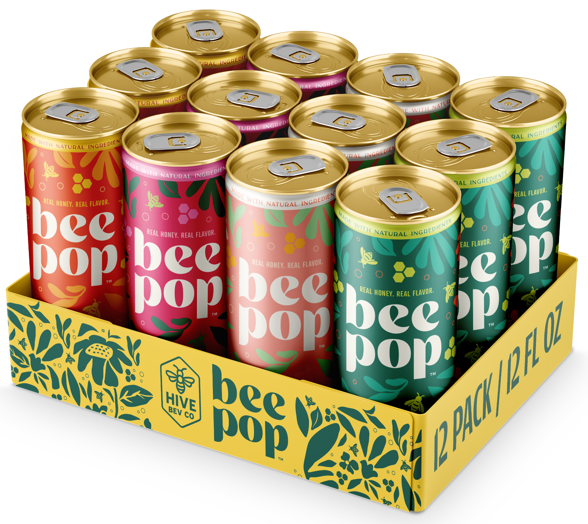 12-pack of bee pop cans in various flavors with a colorful box.