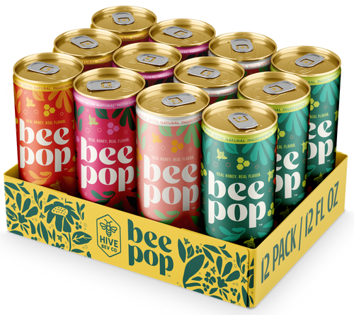 12-pack of bee pop cans in various flavors with a colorful box.